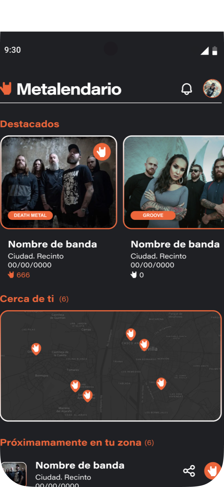 Pantalla del mapa de conciertos